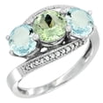 thumbnail image 1 of 14K White Gold Natural Green Amethyst & Aquamarine Sides 3 stone Ring Round 6mm Diamond Accent, size 6, 1 of 2
