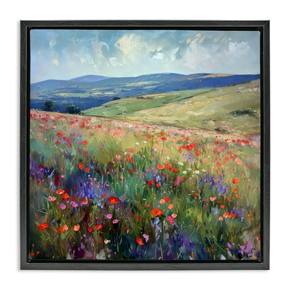 Stupell Industries Rolling Meadow Flowers Landscape & Nature Painting Black Floater Framed Canvas Art Print Wall Art, 18 x 18