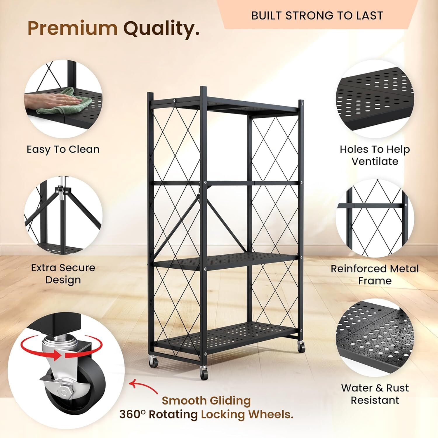 avobird 4-Tier Foldable Storage Shelf with Wheels | Metal Rack Collapsible Shelving Display | Rolling Cart for Books Kitchen Storage Shelves | Pantry & Closet Organizer | Office Room Decor