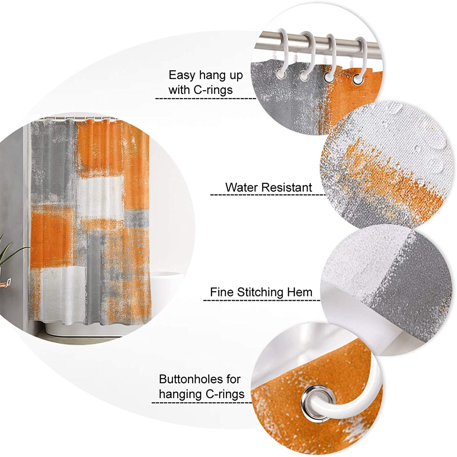 Fabric Shower Curtain for Bathroom, Oil Painting Abstract Art Custom Shower Curtain Set with Hooks, Luxury Bathroom Curtains, Orange Geometric Waterproof Polyester Bathroom Accessories, 36x72inch