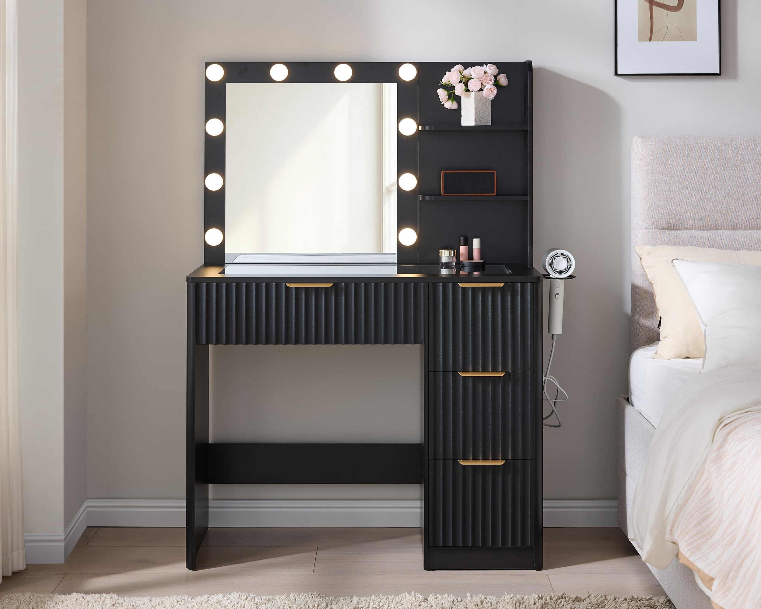 Merluxy 36.2" Girls Vanity Desk with Mirror and Adjustable LED Lights, 4 Drawers Makeup Table with Glass Top and Charging Station, Black