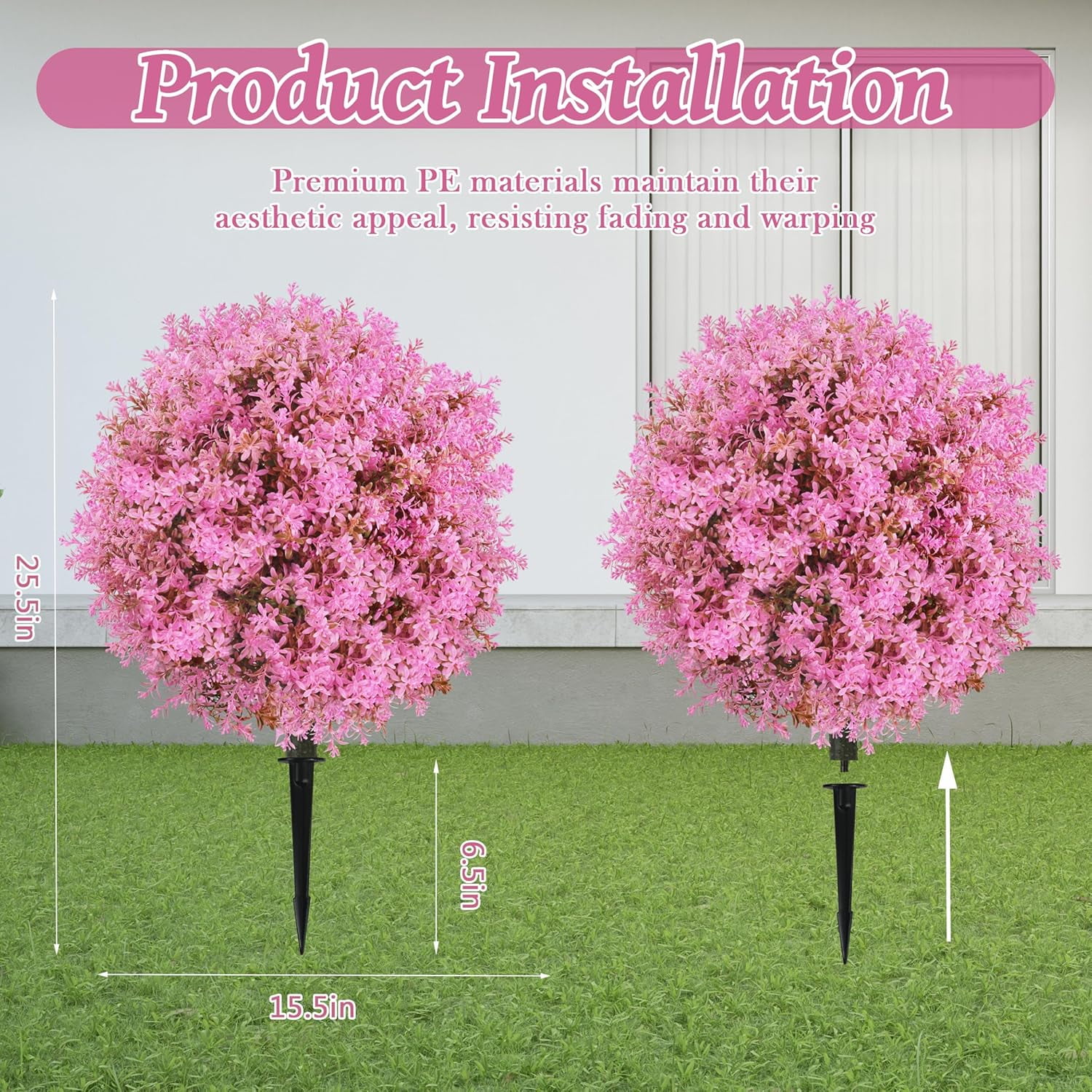 Bibana 25.5" Set of 2 Artificial Lilac Flowers Tree, Faux Lilac Shrub Bushes with Ground Spike, UV Resistant Fake Delphinium Antirrhinum for Indoor, Garden, Yard, Porch, Patio Decor (Pink)