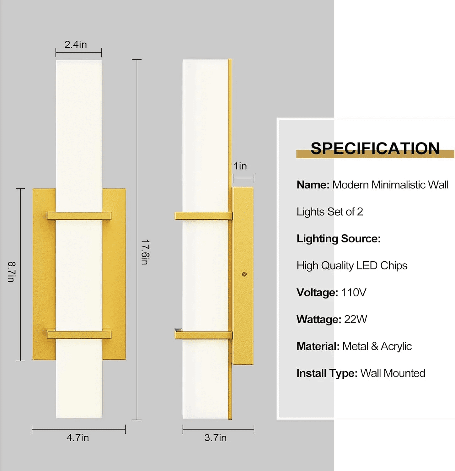 2-Pack Modern LED Wall Sconce Light Fixture, 17.6 in. Dimmable Gold Hardwired Bathroom Vanity Lights (Set of 2), Up/Down Acrylic Wall Lighting for Mirror, Hallway, Living Room Accent Decor