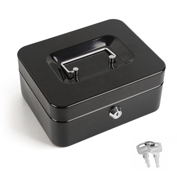 dykaae Money Box, Metal Cash Box with Money Tray and Key Lock, Black, 7.87"x 6.3"x 3.54"