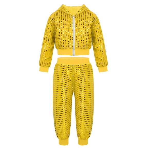 Sinleey Vêtements de Danse Hip Hop à Sequins pour Enfants Filles Garçons Tenues de Danse de Rue Hauts à Capuche à Manches Longues Ensemble de Pantalons Jogger Jaune 140