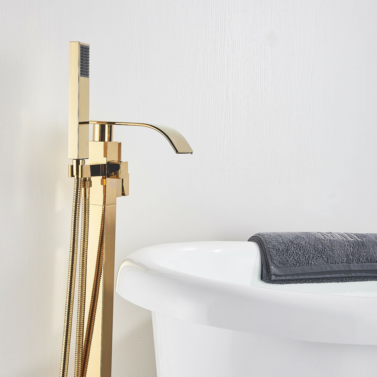 Zovajonia Gold Free Standing Floor Mount Bathtub Mixer Faucet Waterfall Tub Filler Sprayer