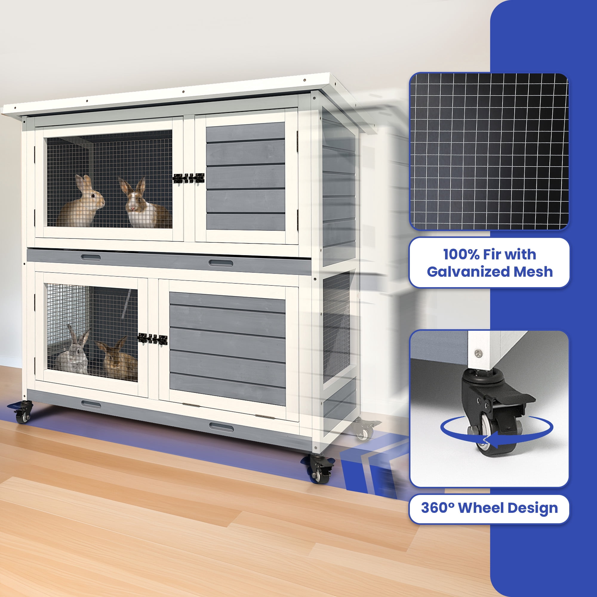 ModFusion 41" Portable Rabbit Hutch with Wheels, Opening Roof & Removable Tray for Indoor/Outdoor