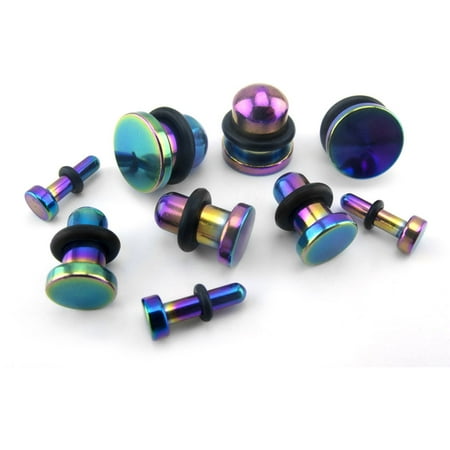6mm Organic Body Jewelry Plugs - 2 Gauge (2G - 6mm) Simple Single Flare IP Rainbow Steel Plugs / Gauges (1 Pair)