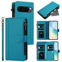 For Google Pixel 9 Wallet Phone Case-PU Leather Magnetic Flip Cover with 9 Credit Card Slots,Zipper Pocket & Detachable Wrist Strap,Shockproof,Turquoise,For Google Pixel 9