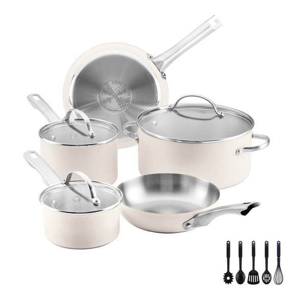 Open Box Farberware Luster 14 Pcs Stainless Steel Cookware Set with Cooking Tools, Induction Compatible, Dishwasher Safe, Metal Utensil Safe, Oven-Safe to 500F, White
