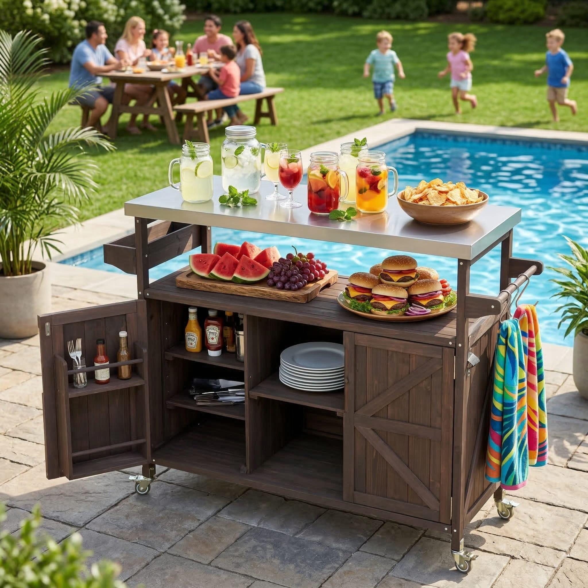 Homy Casa Outdoor Grill Cart with Storage Cabinet, Rolling BBQ Prep Table, Patio Storage Cabinet