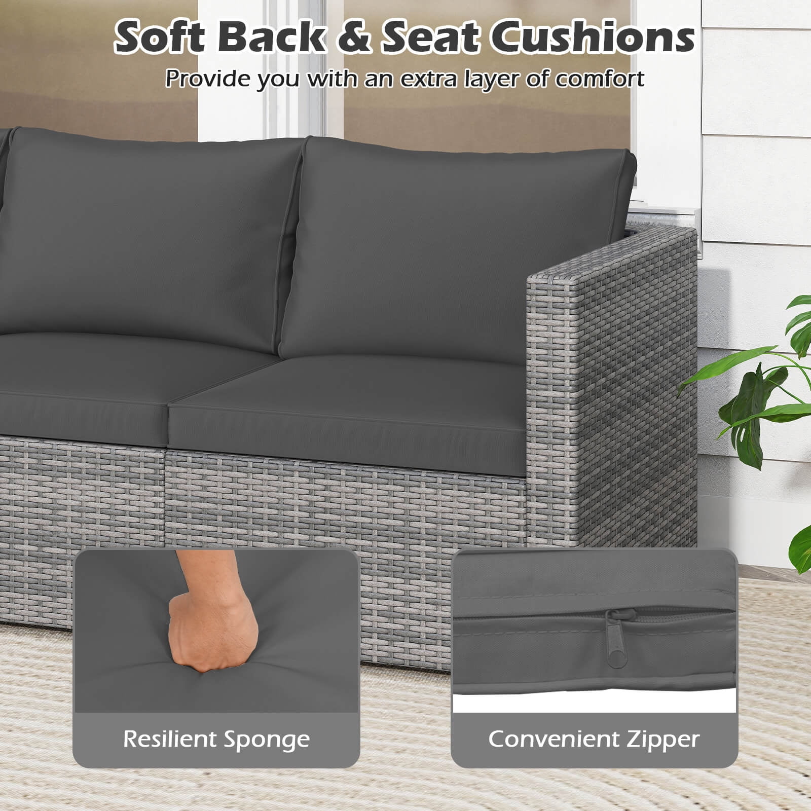 Costway 3PCS Patio Sectional Sofa Set, PE Rattan Modular Couch Furniture Set with Cushions Black + Mix Gray