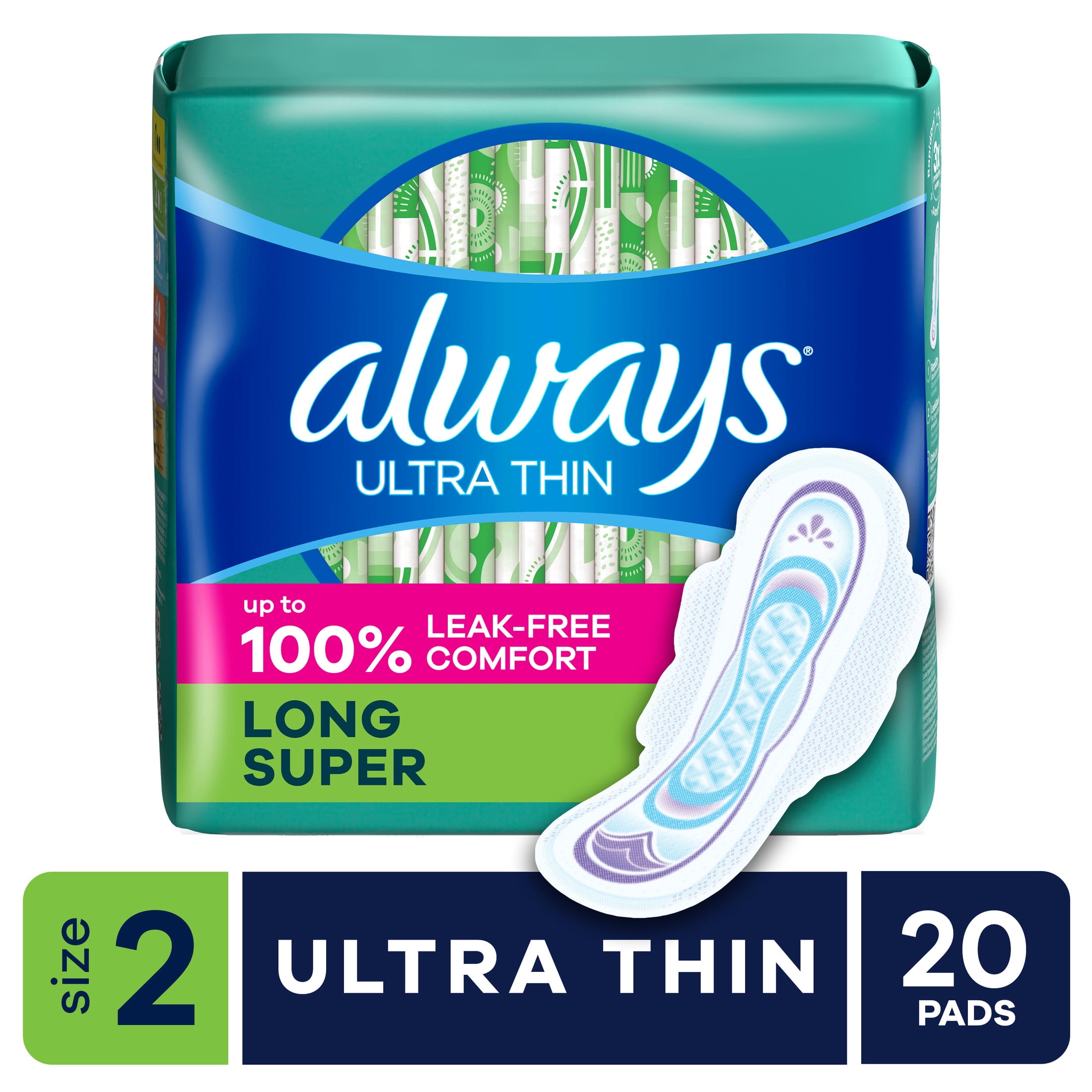 (6 pack) Always Ultra Thin Pads with Wings, Size 2, Long Super, 20 Count