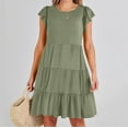 thumbnail image 2 of Busydd Womens Summer Mini Dress Crewneck Flutter Short Sleeve Casual Dresses Tiered Pleated Flowy Sun Dress Solid Color Dresses with Pockets, 2 of 9
