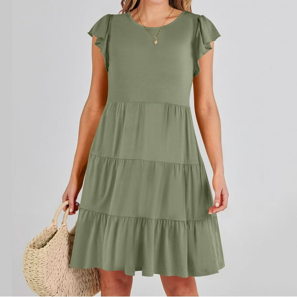 Puntoco Vestido De Manga Corta De Verano De Color Sólido Para Mujer Verde S,Regalos Para Mujer Joven