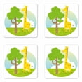 thumbnail image 1 of Giraffe Coaster Set of 4, Tree Nature Green Grass Clouds Circular Emblem Print on Plain Background, Square Hardboard Gloss Coasters, Standard Size, White and Multicolor, by Ambesonne, 1 of 2
