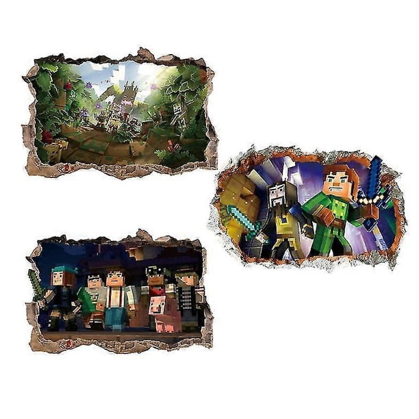 3pcs Minecraft Wall Stickers 3D Smash Wall Decal Removable Wall Minecraft Sticker Decals TV Background Window Decoration Removable Sticker Vinyl Stick