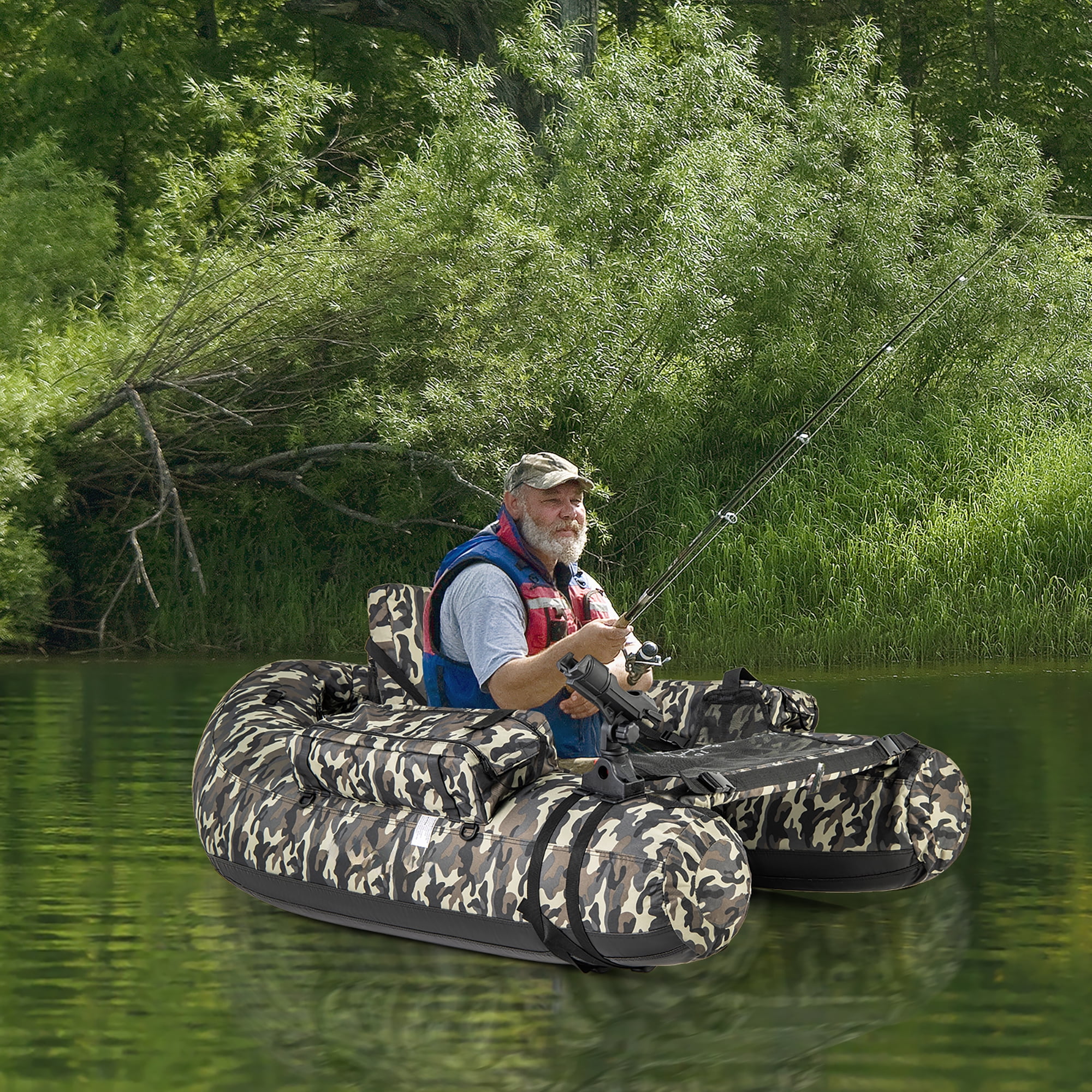 Gymax Inflatable Float Tube w/ Fish Ruler Rod Holder Storage Pockets Flippers Paddle