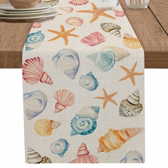nqOlkjepod Shell Starfish Coastal Table Runner 70 Inches Long Farmhouse Dress Scarves, Summer Beach Ocean Burlap Dining Tablerunner for Coffee Table/Kitchen Island/Party Décor, 13" x 70"