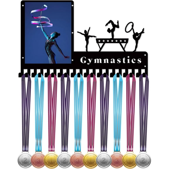 Gymnastics Award Hanger Ribbon Medal Display with 20 Hooks Black Metal Hold 20  Medals Wall Mount Frame Sport Iron Rack Holder Stand for DIY