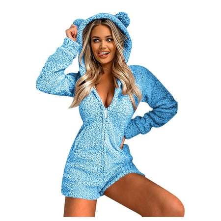 

Mchoice Onesie Pajamas for Women Cartoon Bear Onesise Sleepwear Cute Fuzzy Warm Sherpa Fleece Hooded Romper Short Jumpsuit Playsuit One Piece Pajamas on Clearance