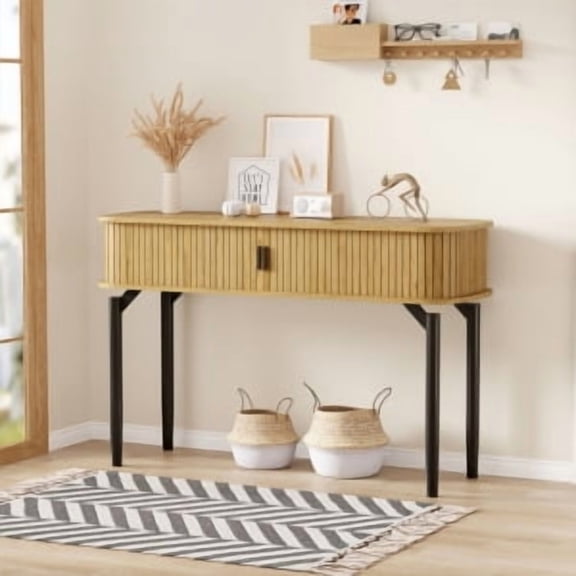 47" Narrow Console Table with Storage,Narrow Entryway Tables with Storage and Shelves Fluted Console Table Entryway Table with Drawers and Bottom Shelf, Long Sofa Table for Hallway, Living Room, or Be