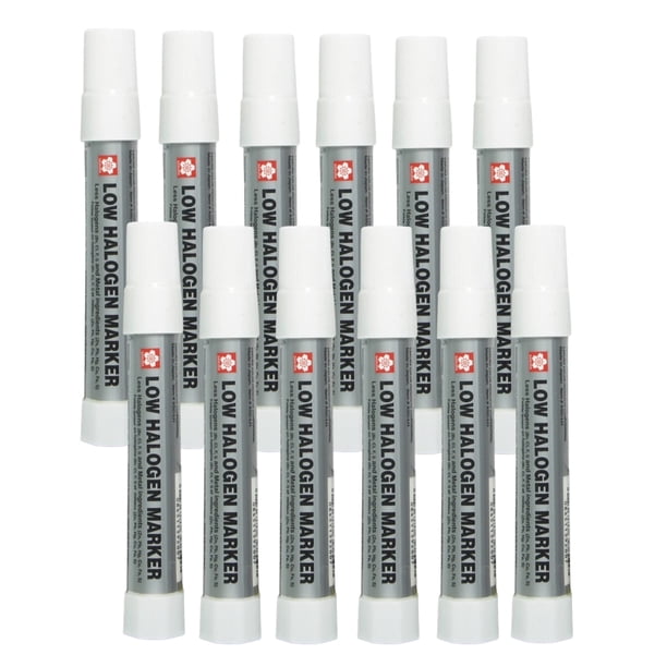 Marcador de pintura SAKURA con bajo contenido de halógeno, sólido, punta torcida, blanco, paquete de 12