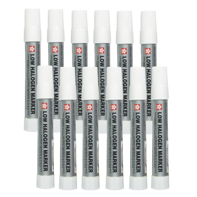 Marcador de pintura SAKURA con bajo contenido de halógeno, sólido, punta torcida, blanco, paquete de 12
