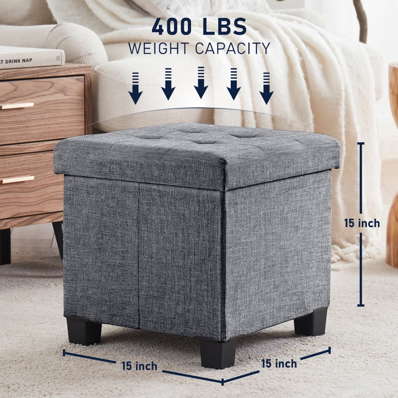 Ornavo Home 15 Inch Folding Storage Ottoman with Storage, Square Cube Linen Small Storage Ottoman Foot Rest Stool with Legs