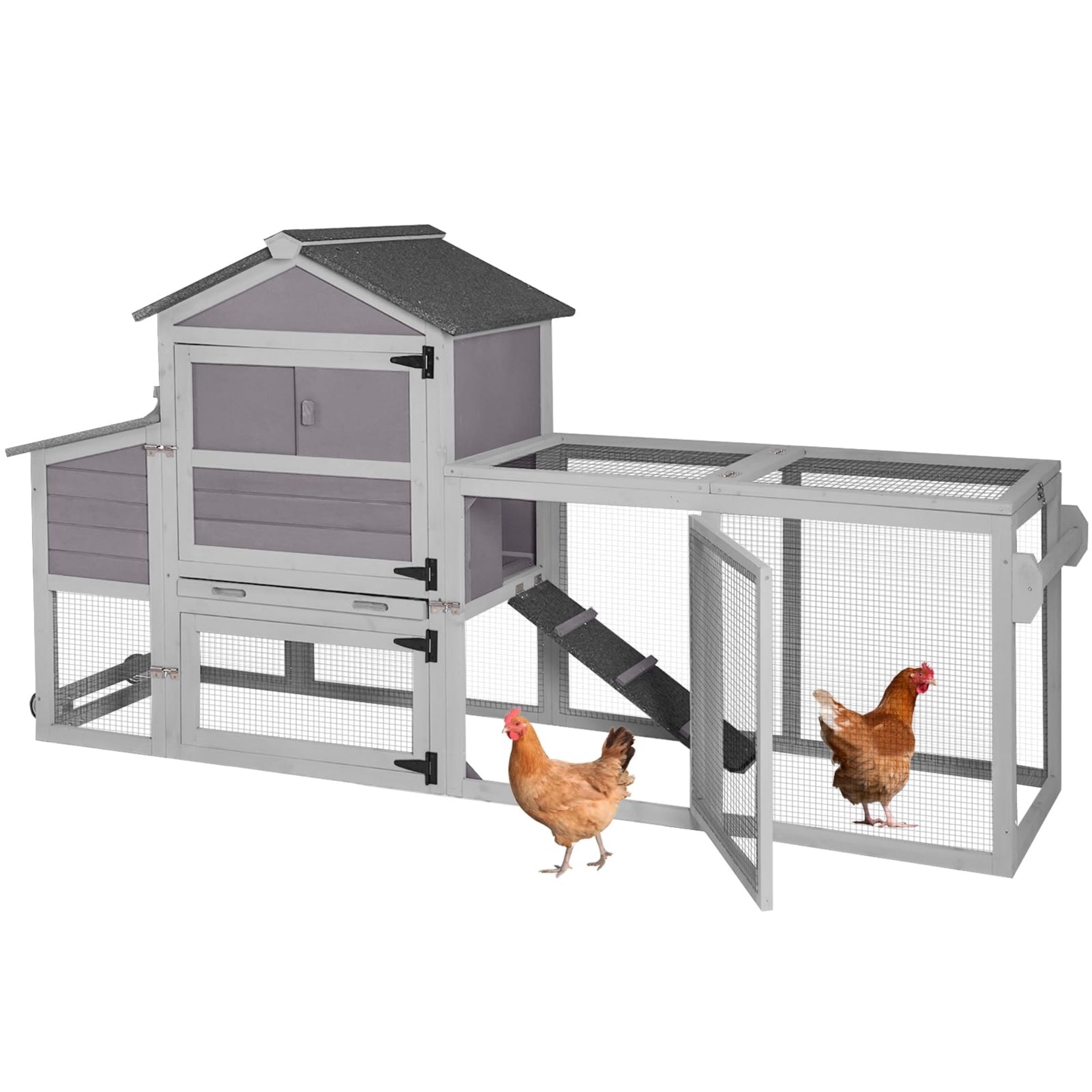 Aivituvin Mobile Chicken Coop with Wheels & Run for Outdoor, Expandable Chicken House Poultry Cage with Nesting Box, Leakproof Pull-Out Tray & Weatherproof Roof, Gray
