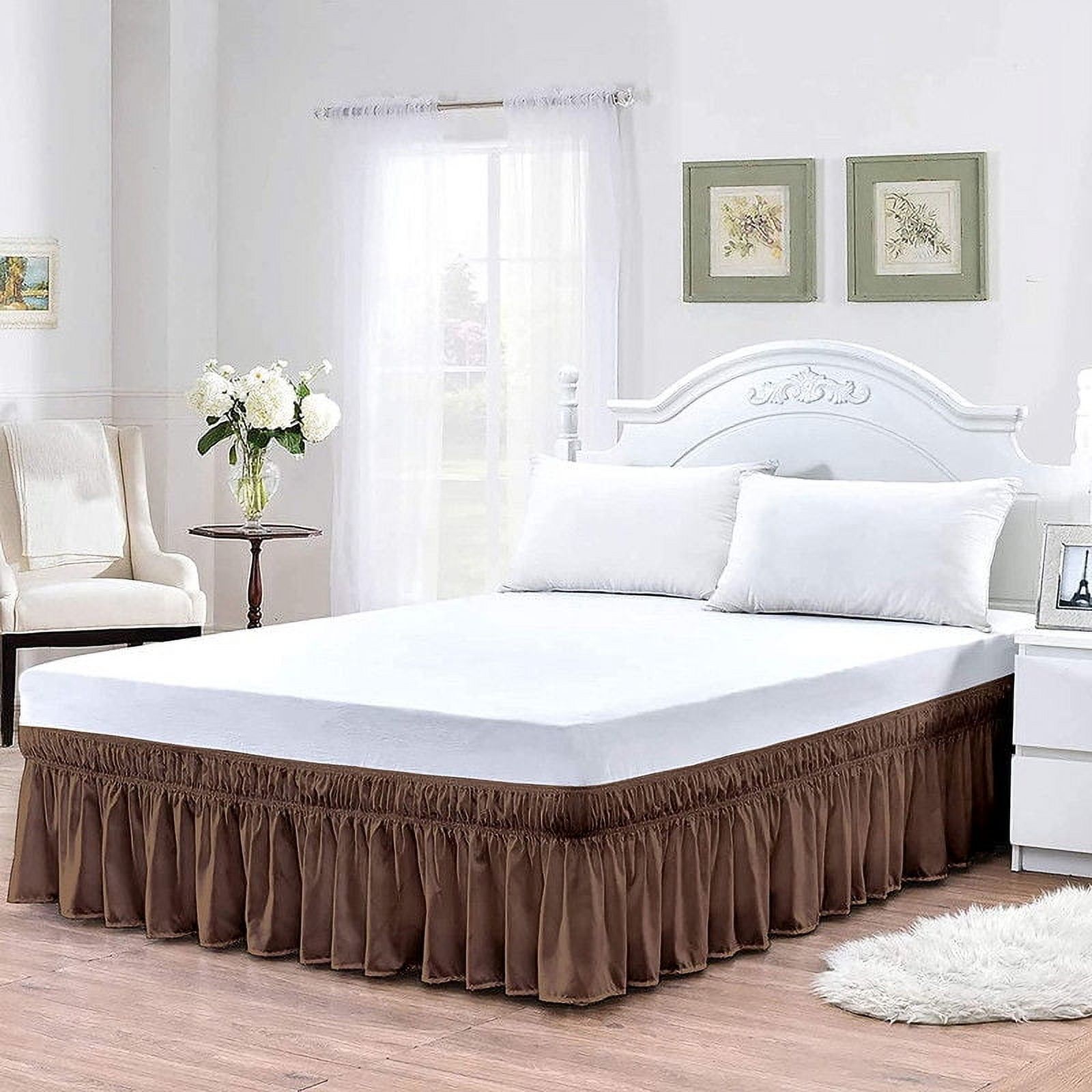 Easy Bedding Elastic Wrap Around Bed Skirt Dust Ruffle, 14-inch Drop, Smooth Soft Bed Frame Cover- Chocolate Twin
