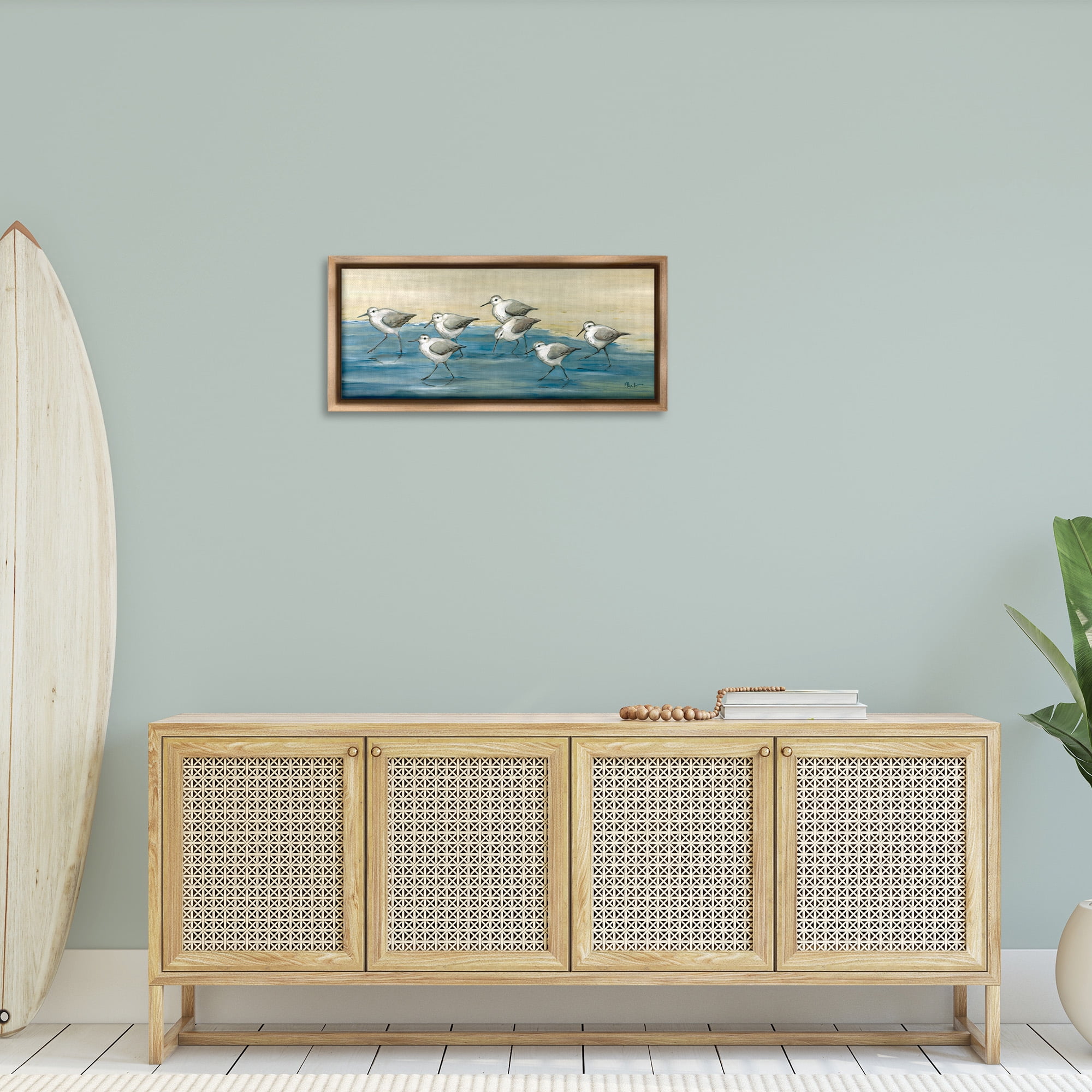 Stupell Industries Sandpiper Bird Flock Beach Shoreline Nature Painting Brown Floater Framed Canvas Art Print Wall Art, 31 x 14