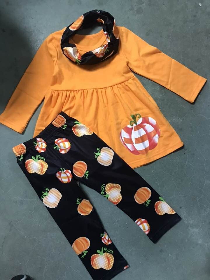 Toddler Baby Girls Halloween Outfit Long Sleeve Pumpkin Ruffle Dress Top Legging Pants Clothes Set 3PCS