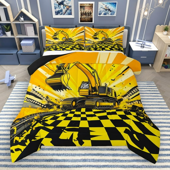 Castle Fairy Yellow Truck 2Pcs Bedding Comforter Set for Boys Men Teens,Cartoon Car Twin Comforter Sets,Geometric Plaid Breathable Bedding Set,Breathable Home Decor