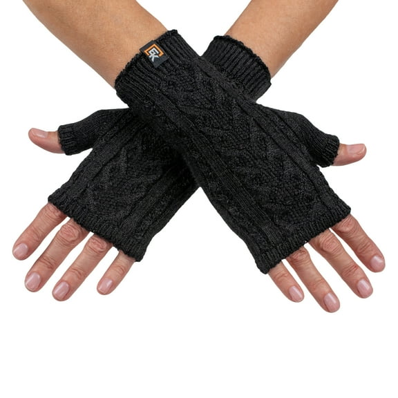 Alpaca Cable Knit Fingerless Mittens - Made in the USA - Super Soft Baby Alpaca - Small - Black