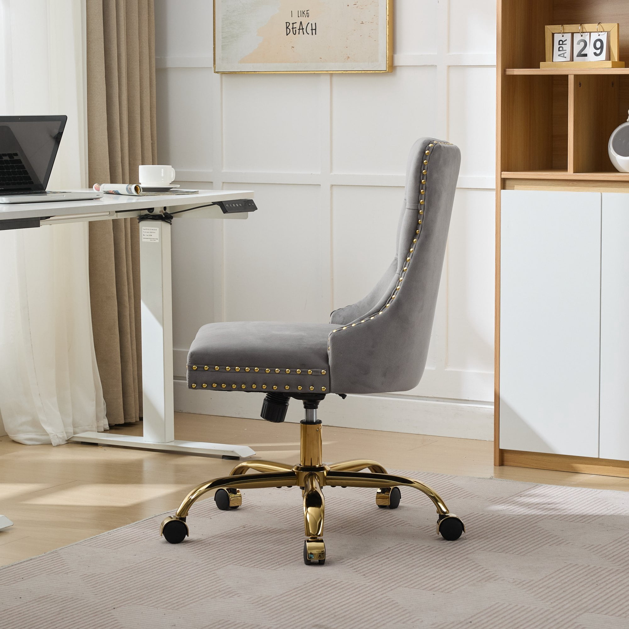 Jopath Velvet Home Office Desk Chair with Wheels & Gold Base, Makeup Vanity Chair with Tufted Back, Adjustable Desk Chair Swivel Office Chair for Bedroom, Gray