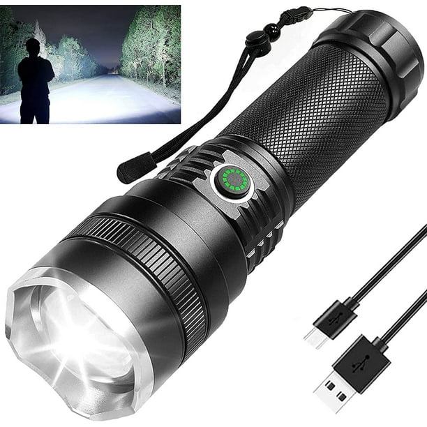 Linternas LED recargables de alto lúmenes, linterna superbrillante con cable USB, potentes linternas impermeables de mano con 4 modos para camping/emergencia/lectura