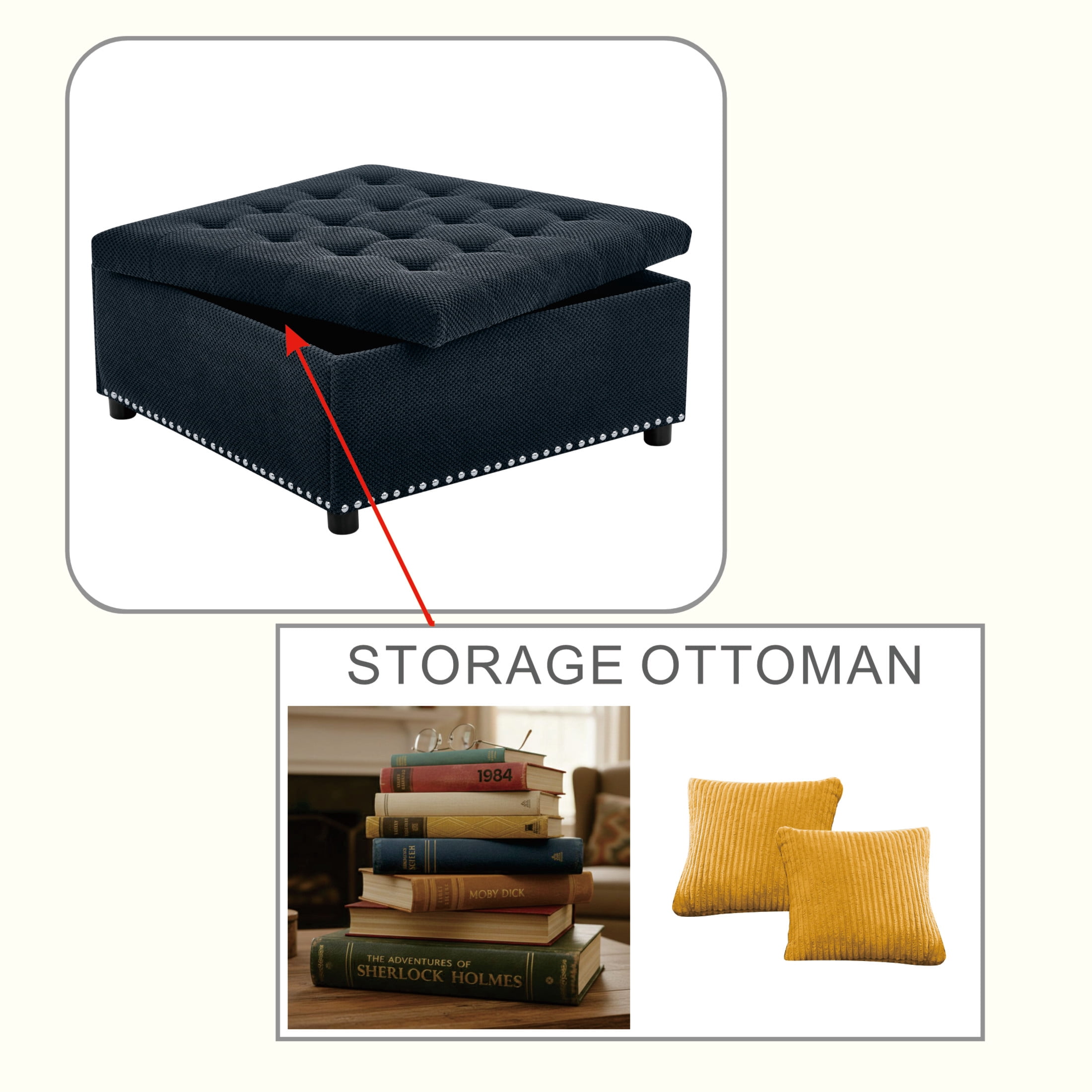 Noble House 30" Square Storage Ottoman with Tufted Top, Nailhead Trim, Black
