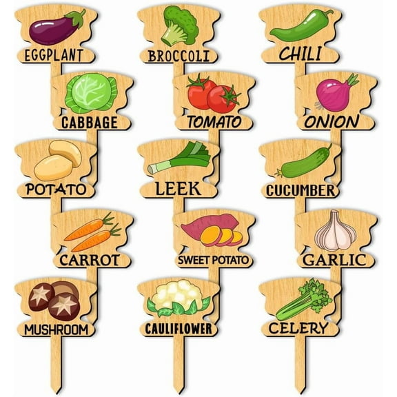 15 Pcs Funny Plant Markers T-Type Vegetable Name Tag with Pattern Wood Plant Garden Sign Seed Indoor and Outdoor Potted Plants Vegetable Graphic Plant Label 70x50mm/2.75x1.96inch for diy