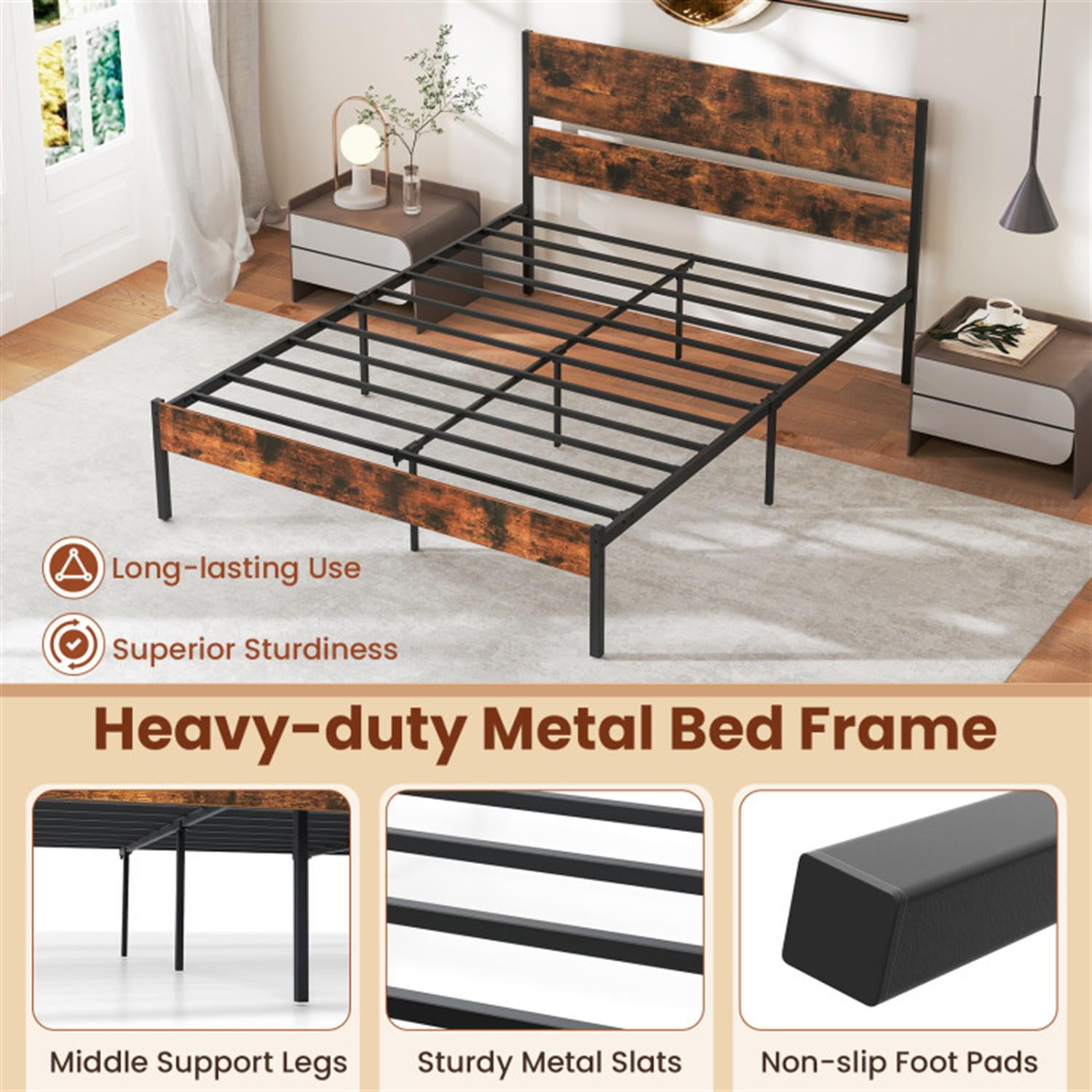 Demi Bonn Queen Size Bed Frame with Wooden Headboard and Footboard, Modern Metal Platform Bed Frame with Under Bed Storage, No Box Spring Needed, Brown