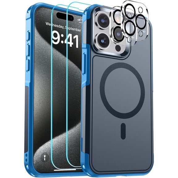 Magnetic for iPhone 15 Pro Case, [Compatible with MagSafe] [15FT Military Grade Drop Protection] [2pcs Tempered Glass Screen Camera Lens Protector] Heavy Duty Shockproof Phone Case, Deep Blue