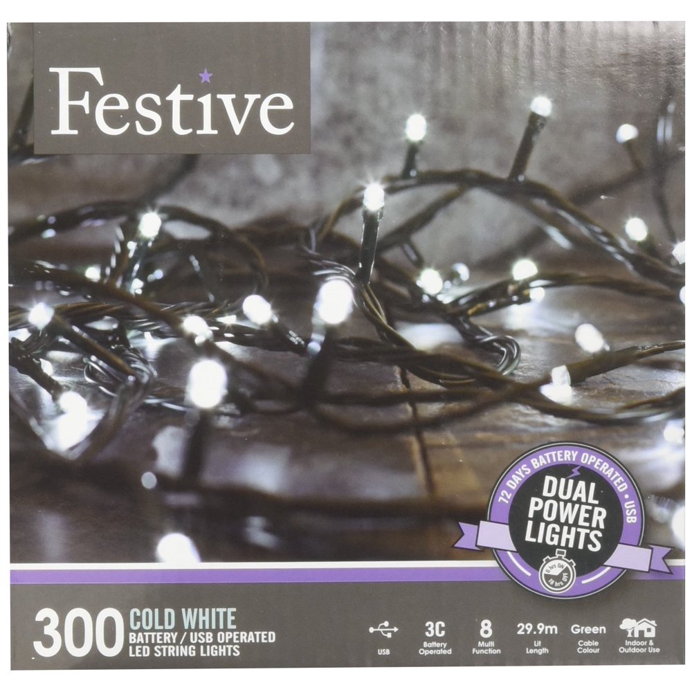 Festive Christmas String Lights, Battery Operated Timer LED, White, 300