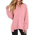 thumbnail image 3 of Women's Plus Size V-Neck Pullover Pink Sweatshirt - Casual Oversized Long Sleeve Top, Solid, Spring/Autumn/Winter, S-2XL, 3 of 8