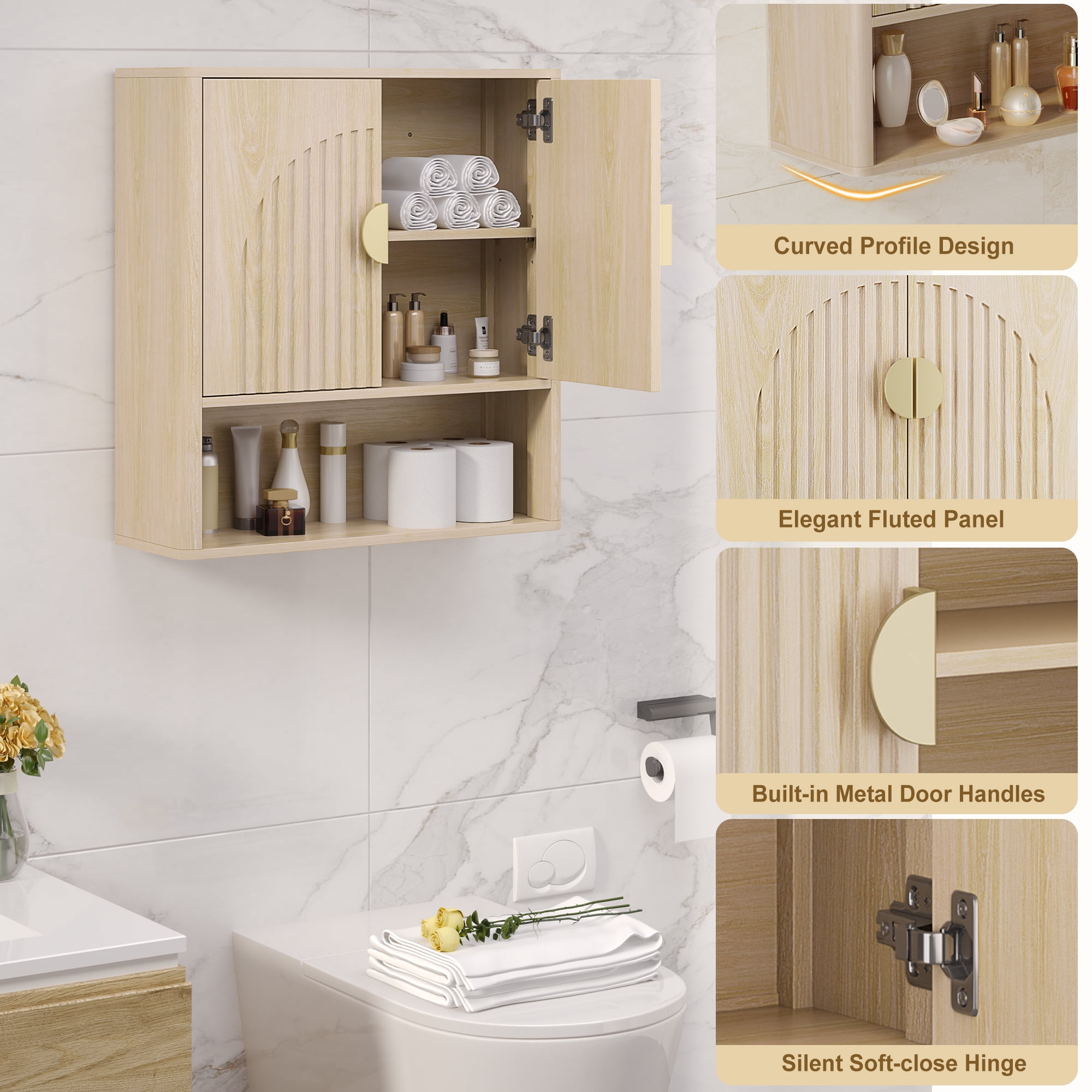 Laintene Bathroom Wall Cabinet, over the Toilet Storage Cabinet with Arched Doors & Adjustable Shelf, Wall Mounted Medicine Cabinet for Bathroom, Laundry Room, Kitchen, Living Room, Natural Oak