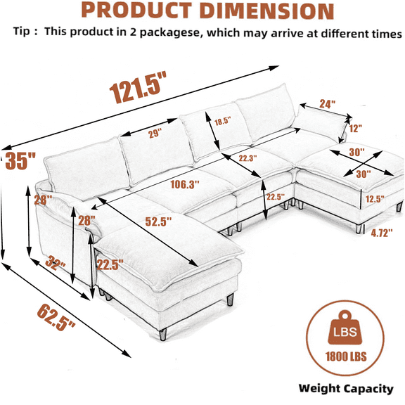 JERFIT Modern U-Shaped Modular Sectional Sofa with Ottomans, 6-Seater Convertible Chenille Fabric Couch for Living Room, Apartment, Black