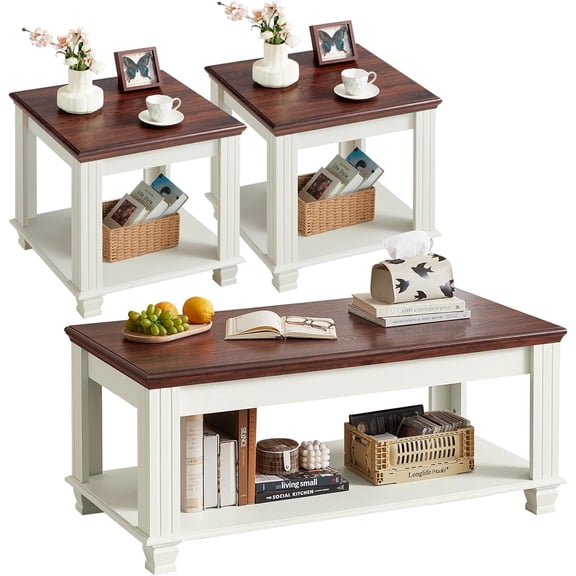 Farmhouse Coffee Table Set of 3, Rustic Wood 3 Piece Coffee and End Table Sets with Open Shelf for Living Room, White