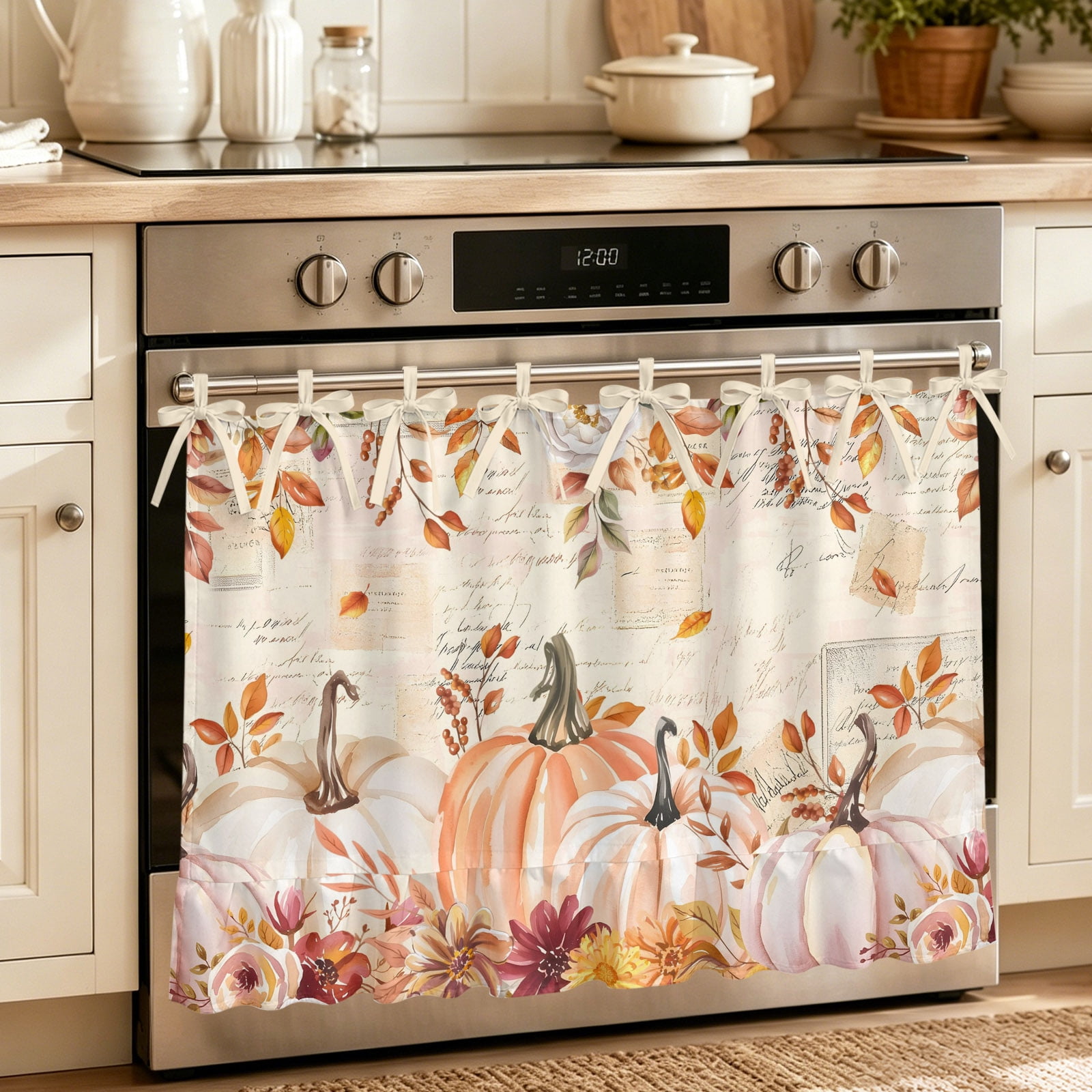 Oven Curtain for Kitchen Autumn Rustic Pumpkin Fall Leaf Stove Curtain With Ruffled Trim Dishwasher Curtains Wild FlowerThanksgiving Harvest Oven Skirt 32 x24