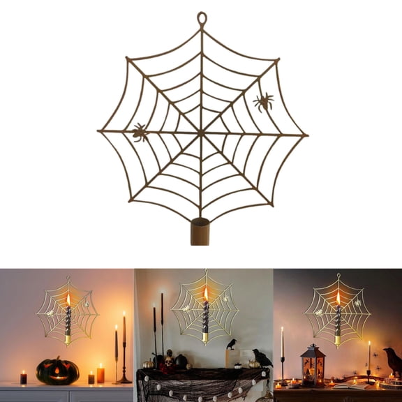 huayou Golden Spider Web Candle Holder Hanging Decor, Halloween Wall Mount Ornament with Spider Detail, Tabletop & Hanging Scene Decoration