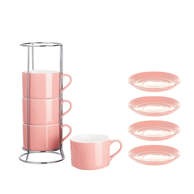 Porcelain Stackable Cappuccino Cups with Saucers and Metal Stand, Espresso Cups for Latte Coffee Cafe,Specialty Coffee C