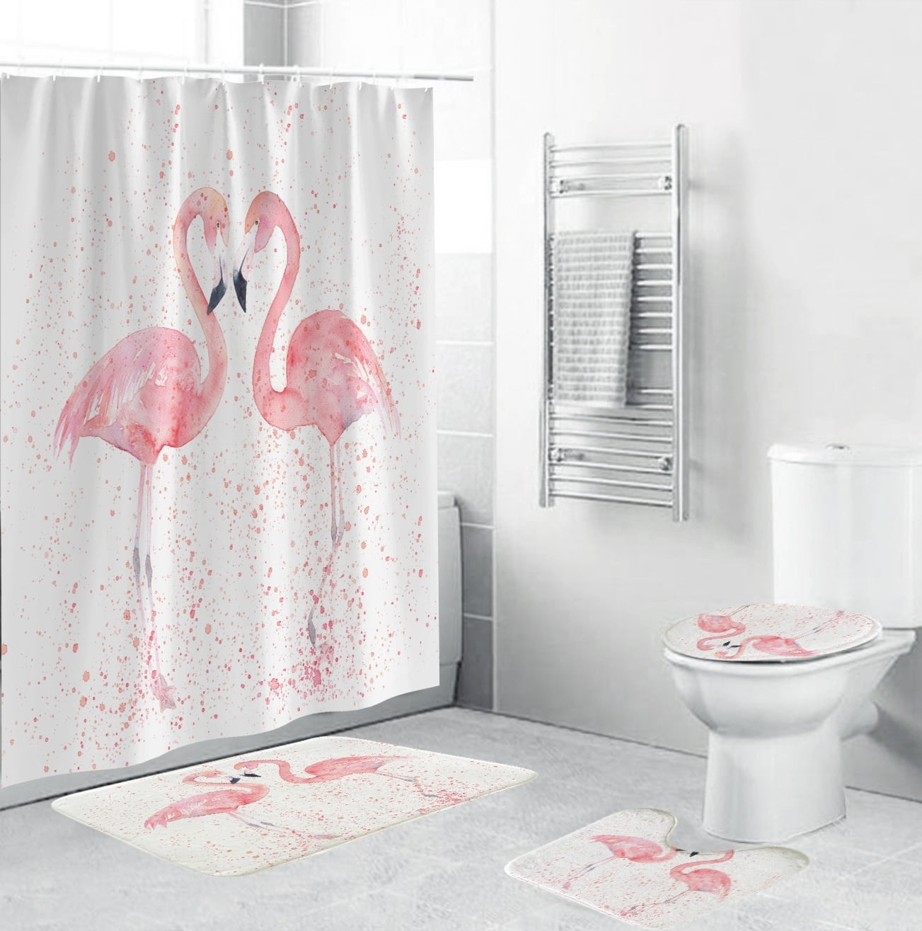 Cartoon Sunset Flamingo Shower Curtain Bath Mat Toilet Cover Rug Bathroom Decor 
